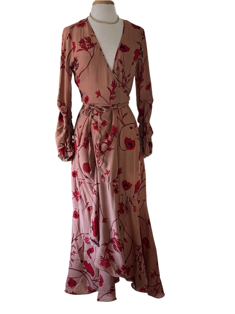Johanna Ortiz x H&M Crepe Wrap-Front Maxi Red Poppy Ruffle Boho Revival Dress S